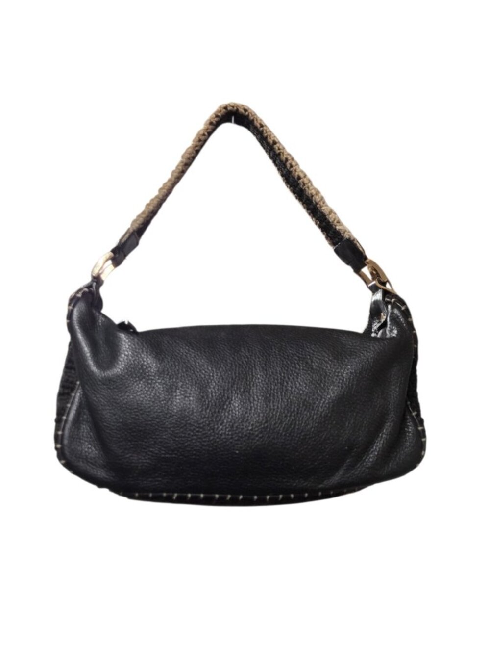 The Sak Pink Label Crotchet Trim Shoulder Bag Black Pebbled Leather Casual